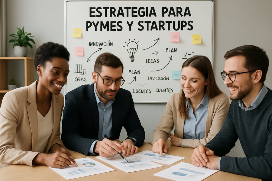 Equipo de consultores trabajando en estrategias para pymes y startups
