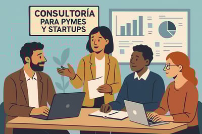 Ilustración de profesionales colaborando en una consultoría para pymes y startups