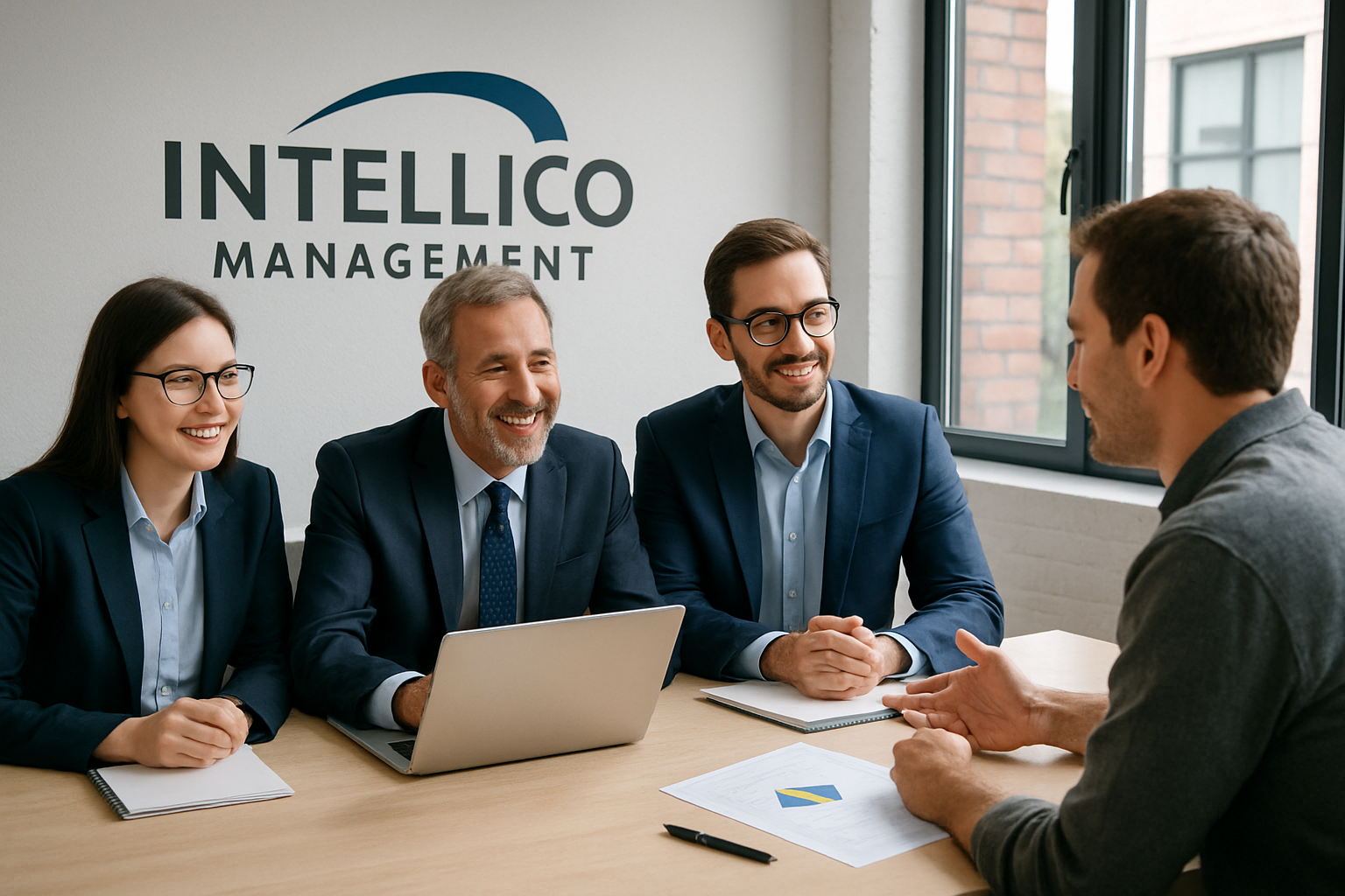 Equipo de consultores de Intellico Management trabajando junto a una pyme